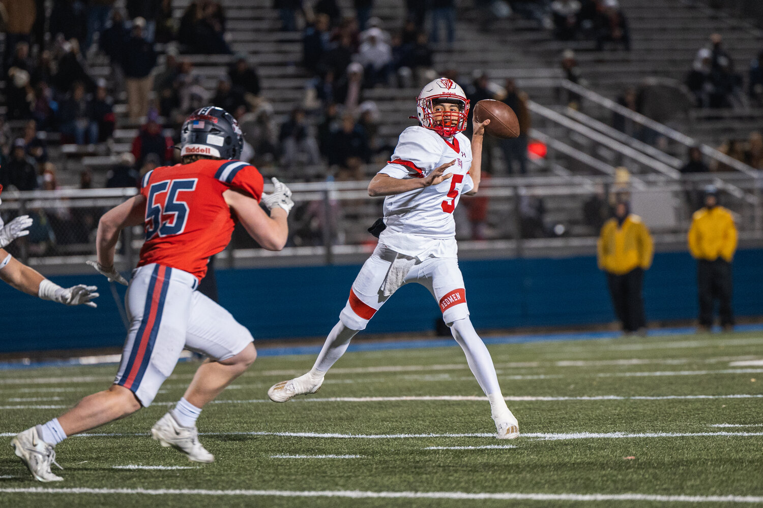 Junior quarterback Thomas Costarelli led the Redmen to victory, completing 9 of 19 passes for 244 yards.